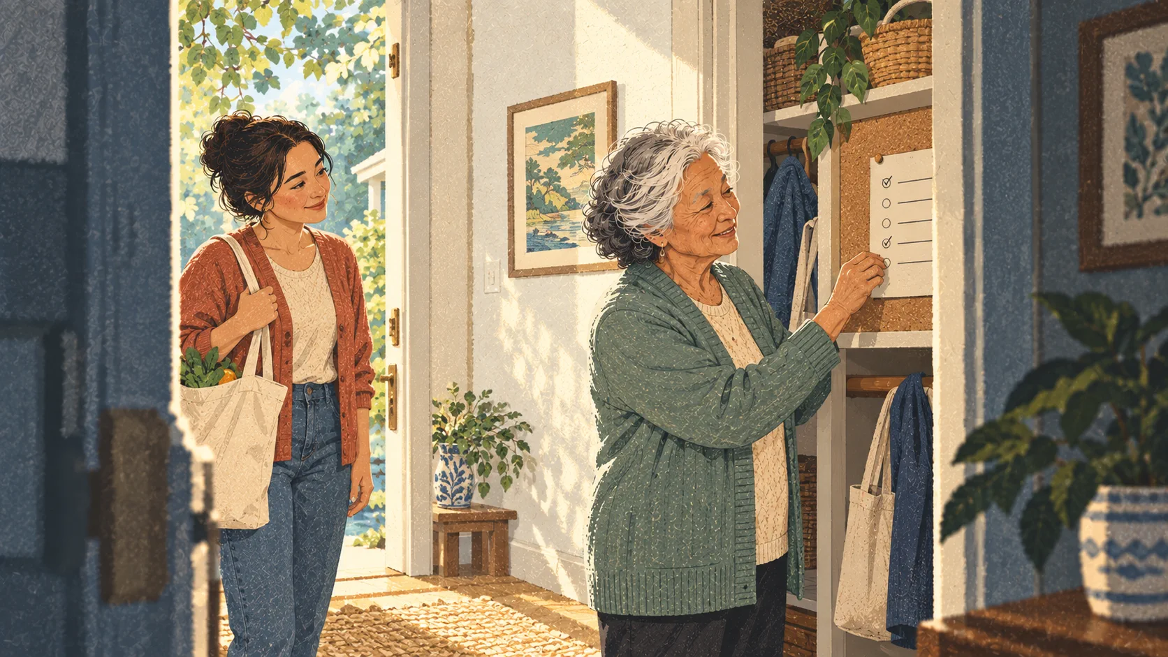 An older woman checks a plan by her doorway while a helper arrives