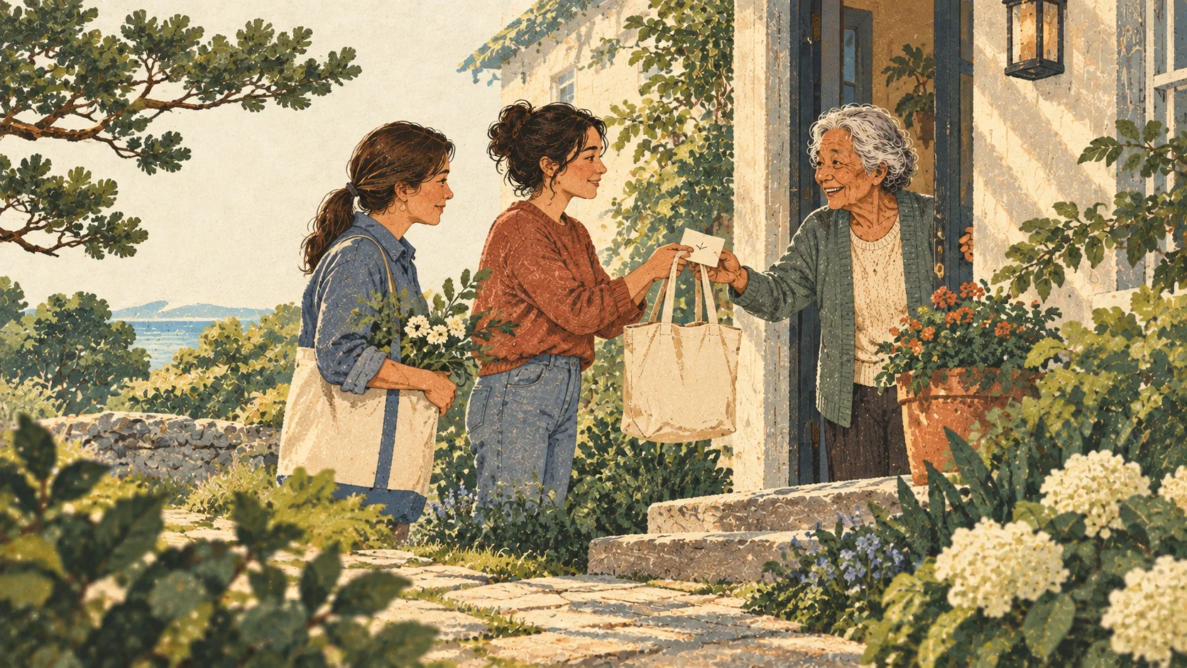 Family members exchange a note on a garden path at a home's open door