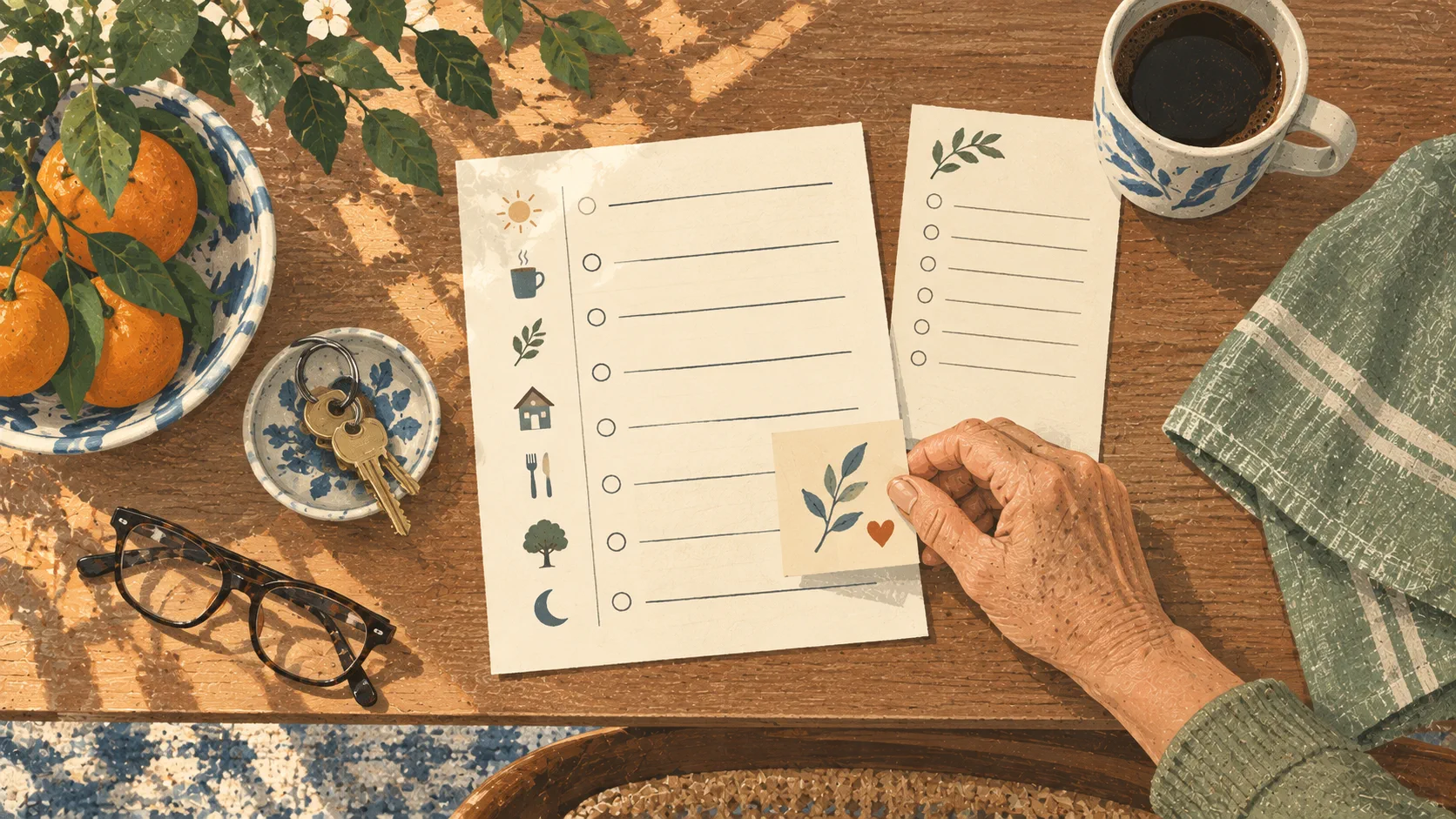 An overhead view of a day plan, keys, glasses, and a hand placing a note