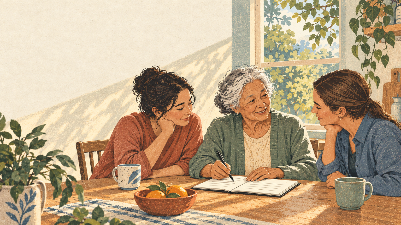 Three women make a care plan together at a kitchen table