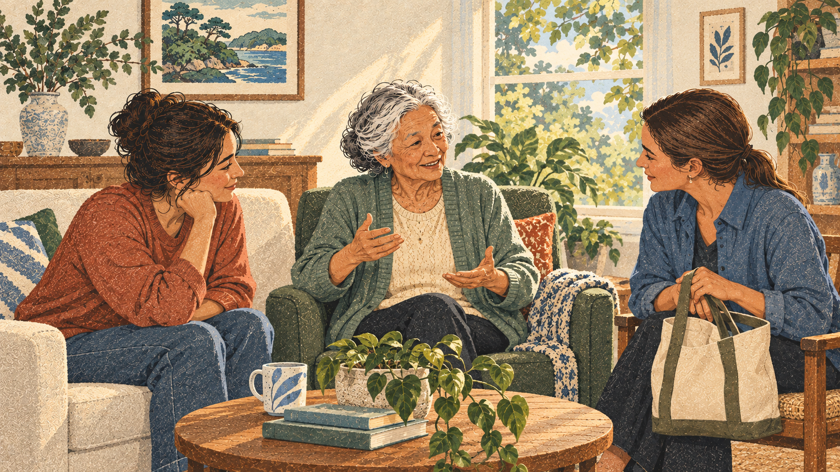 An older woman leads a conversation with trusted helpers at home