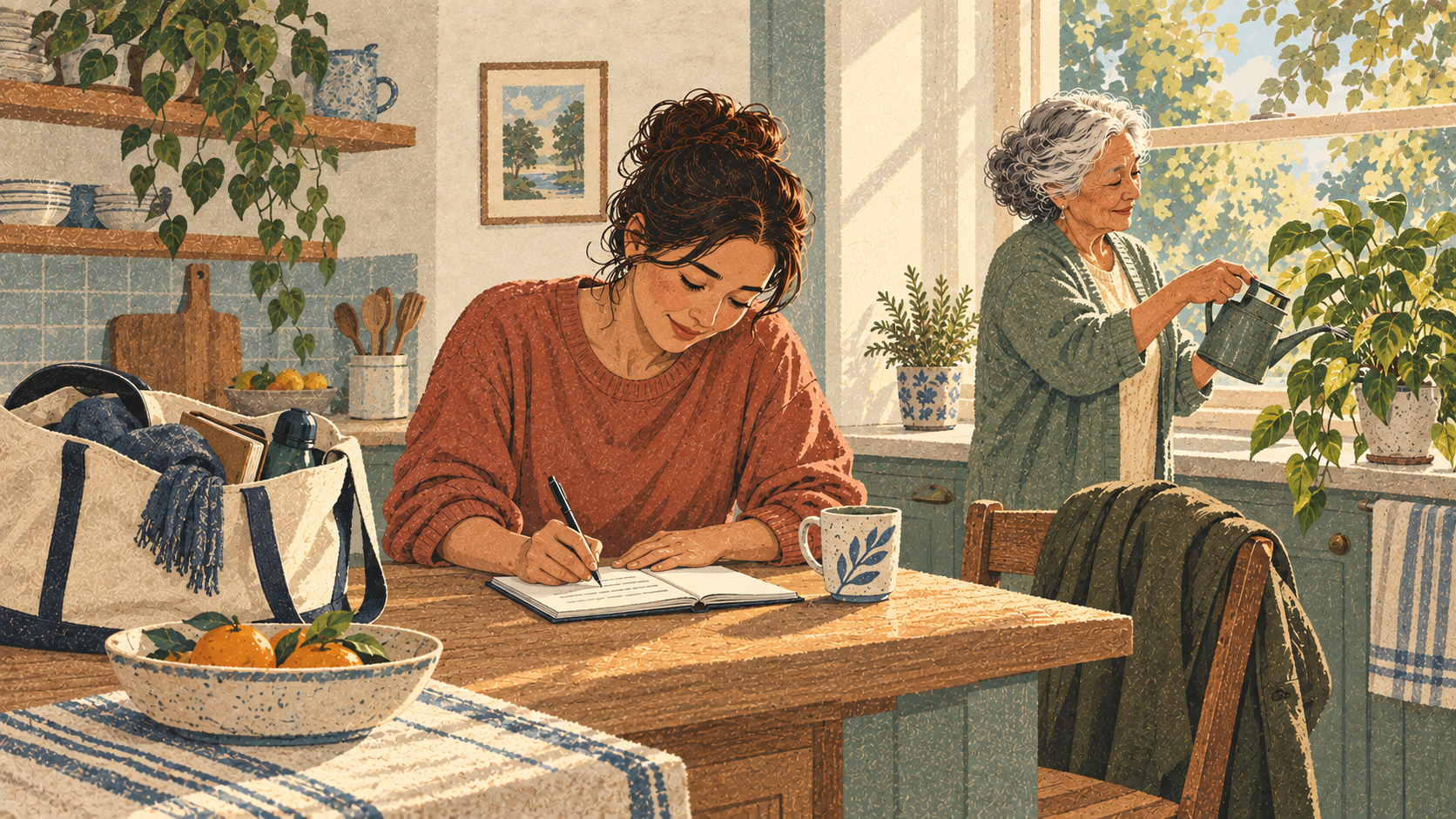 A trusted helper records a useful update while an older woman tends a plant nearby